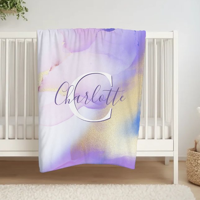 Glam Lilac Gold Abstract Paint Elegant Monogram Fleece Blanket (Creator Uploaded)