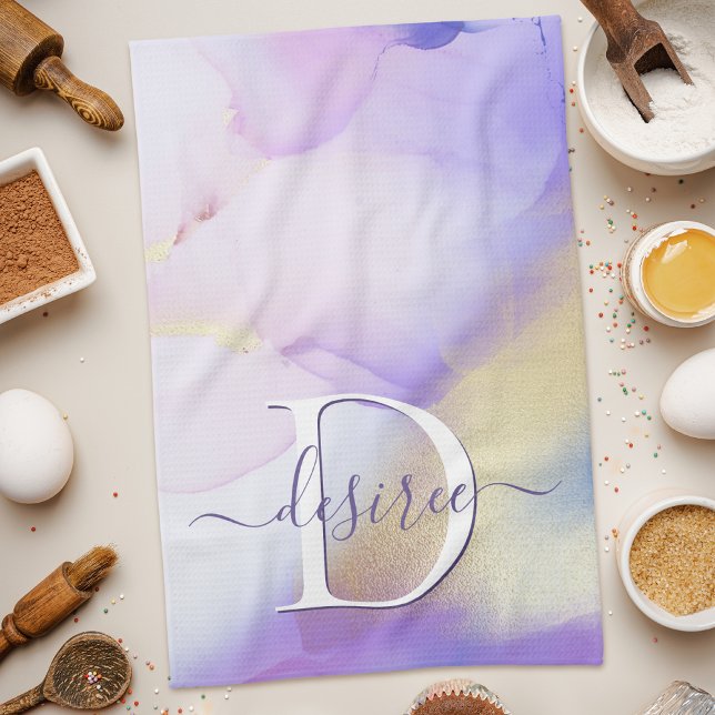 Glam Lilac Gold Abstract Paint Elegant Monogram Kitchen Towel (Creator Uploaded)