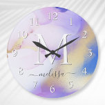 Glam Lilac Gold Abstract Paint Elegant Monogram Large Clock<br><div class="desc">Easily personalize this glamourous style abstract lilac watercolor paint and faux gold spray background with your custom details.</div>