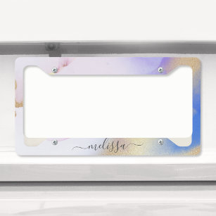 Glam Lilac Gold Abstract Paint Elegant Monogram License Plate Frame
