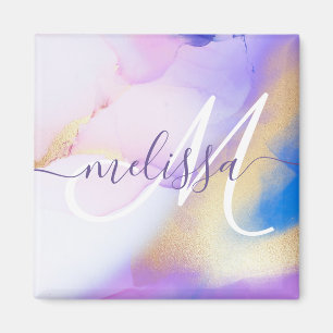 Glam Lilac Gold Abstract Paint Elegant Monogram Magnet