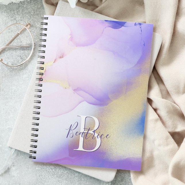 Glam Lilac Gold Abstract Paint Elegant Monogram Notebook (Creator Uploaded)