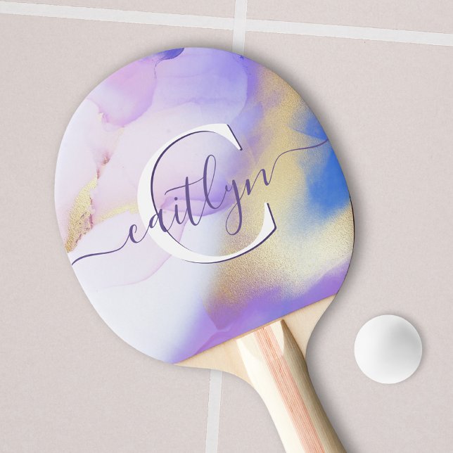 Glam Lilac Gold Abstract Paint Elegant Monogram Ping Pong Paddle (Creator Uploaded)