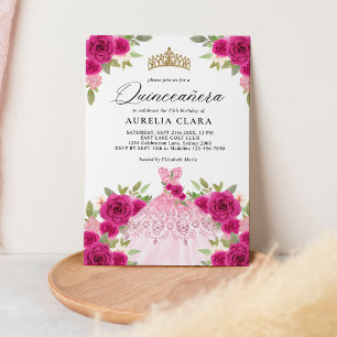 Glam Magenta Pink Dress Floral 15th Quinceañera Invitation