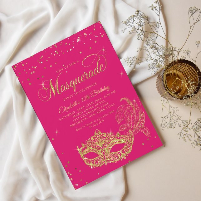 Glam Magenta Pink Gold Glitter Masquerade Birthday Invitation (Creator Uploaded)