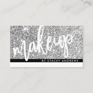GLAM MAKEUP brush lettered silver glitter black Business Card