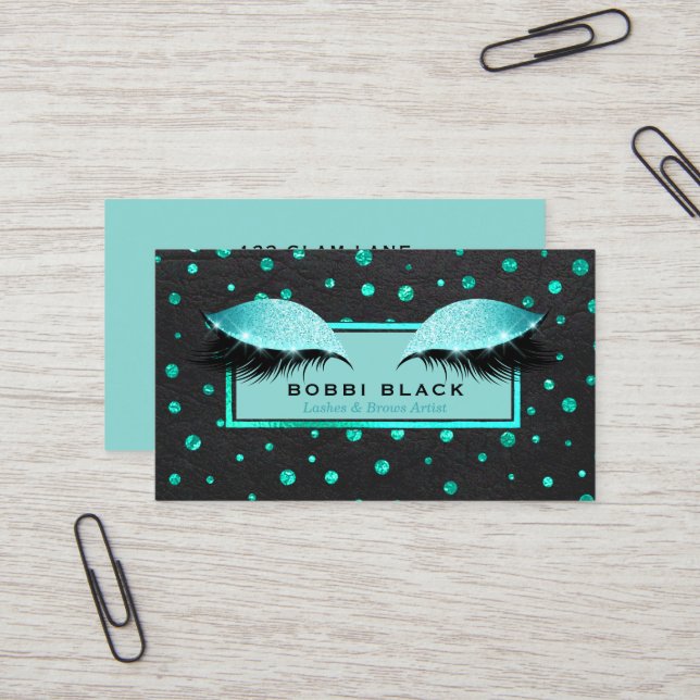 Glam Makeup Eyelash Extensions Teal Black Business Card (Front/Back In Situ)