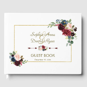 Glam Merlot Navy Blue Floral Wedding Guest Book