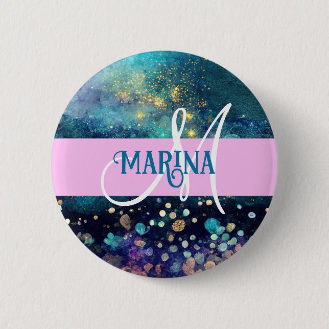 Glam Mermaid Aqua Gold Glitter Sparkles Monogram 2 Inch Round Button (Front)