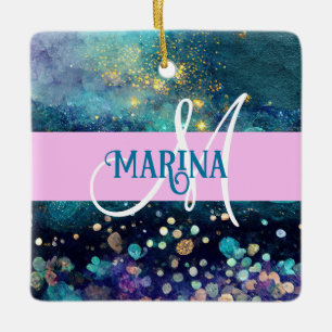 Glam Mermaid Aqua Gold Glitter Sparkles Monogram Ceramic Ornament