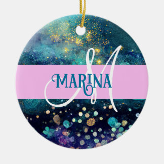 Glam Mermaid Aqua Gold Glitter Sparkles Monogram Ceramic Ornament