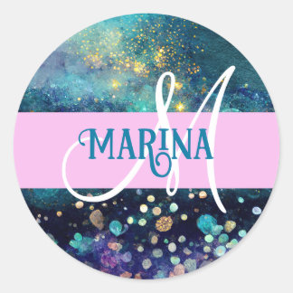 Glam Mermaid Aqua Gold Glitter Sparkles Monogram Classic Round Sticker