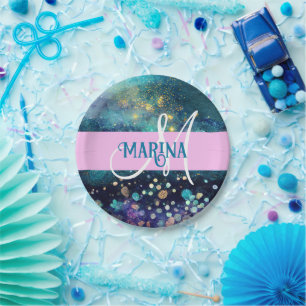 Glam Mermaid Aqua Gold Glitter Sparkles Monogram Paper Plate
