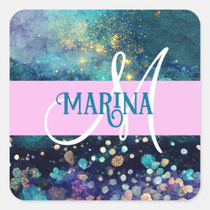 Glam Mermaid Aqua Gold Glitter Sparkles Monogram Square Sticker