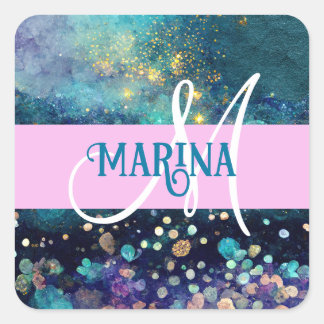 Glam Mermaid Aqua Gold Glitter Sparkles Monogram Square Sticker
