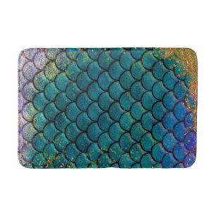 Glam Mermaid Fish Scales Teal Purple Gold Sparkle Bath Mat