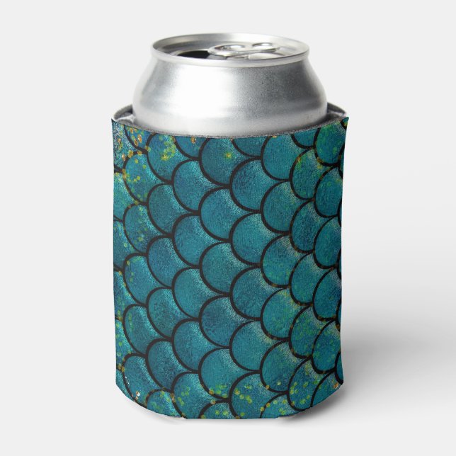 Glam Mermaid Fish Scales Teal Purple Gold Sparkle Can Cooler (Can Front)