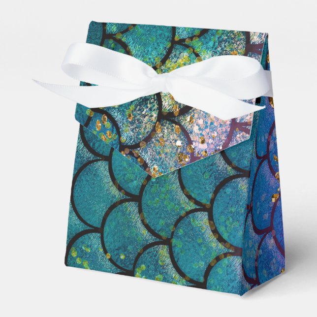 Glam Mermaid Fish Scales Teal Purple Gold Sparkle Favor Box (Front Side)