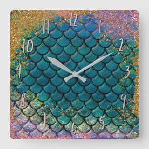 Glam Mermaid Fish Scales Teal Purple Gold Sparkle Square Wall Clock