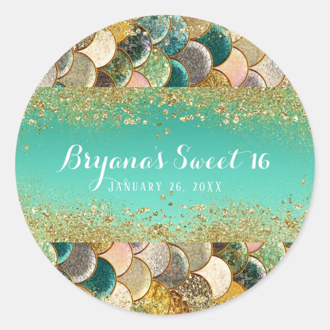 Glam Mermaid Gold Teal Scales Birthday Party Favou Classic Round Sticker (Front)