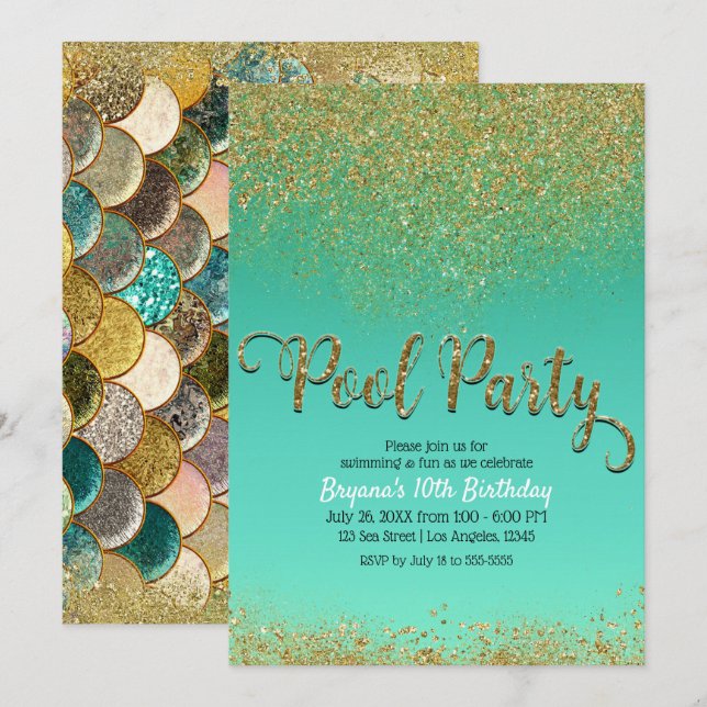 Glam Mermaid Pool Party Gold Glitter Teal Birthday Invitation (Front/Back)