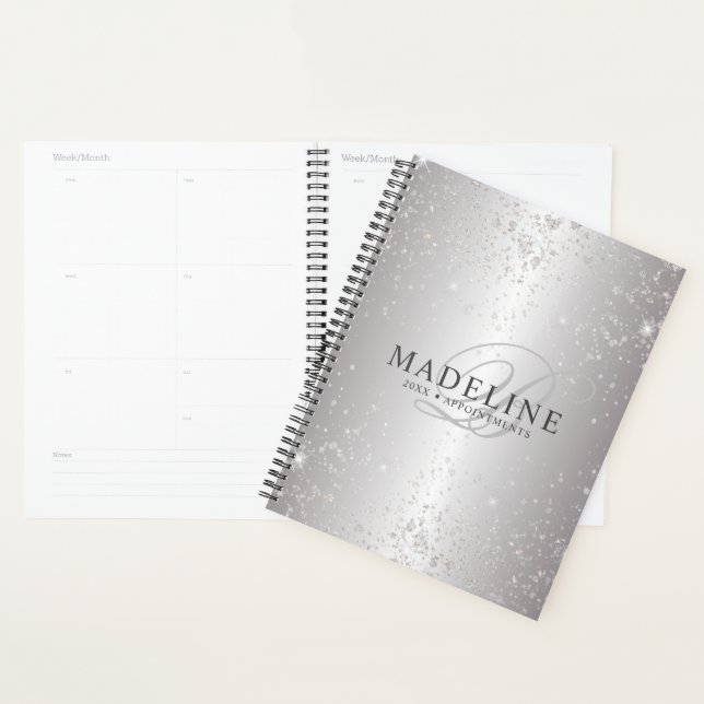 Glam Metallic Silver Glitter Customizable Name Planner (Display)