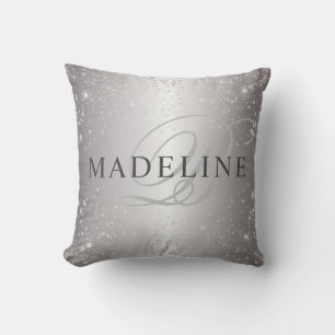 Glam Metallic Silver Glitter Customizable Name Throw Pillow