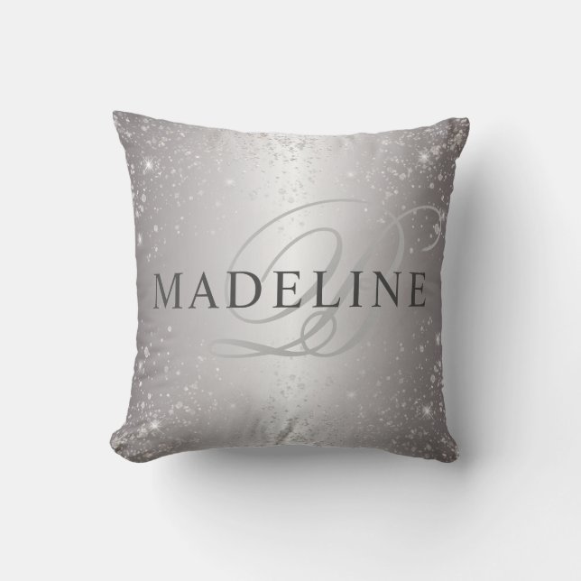 Glam Metallic Silver Glitter Customizable Name Throw Pillow (Front)