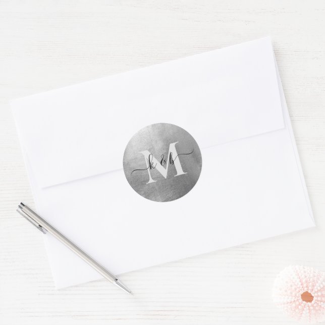Glam Metallic Silver Script Monogram Wedding Classic Round Sticker (Envelope)