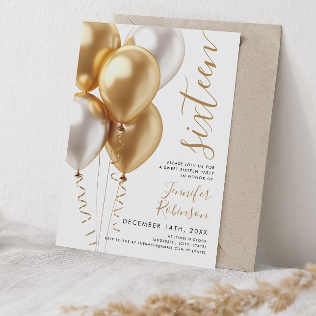 Glam Minimal Gold Balloons Sweet 16 Birthday Invitation (Glam Minimal Gold Balloons Sweet 16 Birthday Invitation)