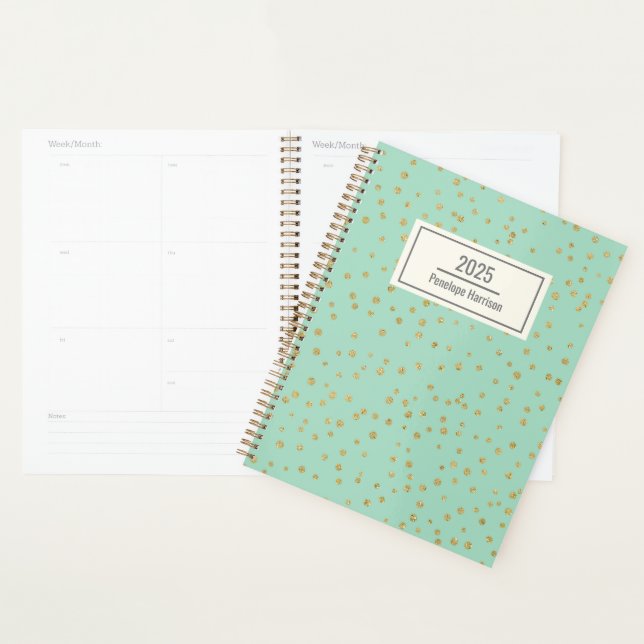 Glam Mint Green Gold Dots Pattern Personalized Planner (Display)