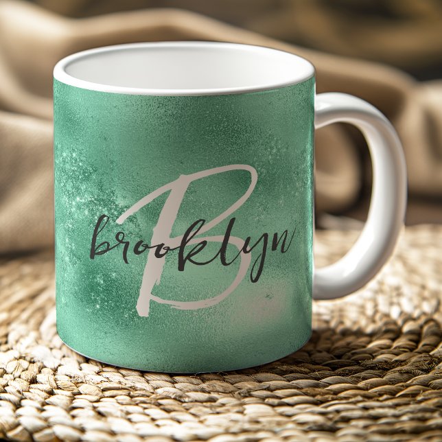 Glam Mint Green Trendy Script Monogram Coffee Mug (Creator Uploaded)