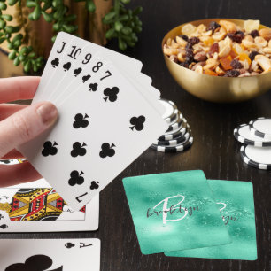 Glam Mint Green Trendy Script Monogram Playing Cards