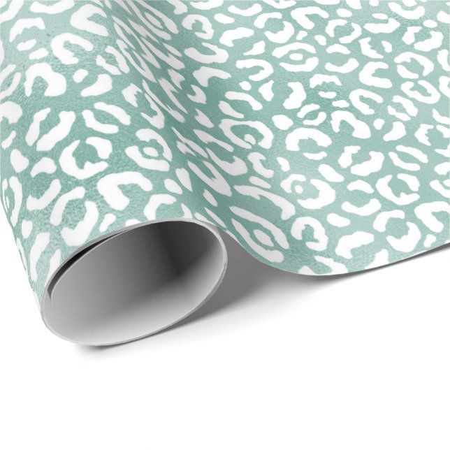 Glam Mint White Leopard Print Wrapping Paper (Roll Corner)