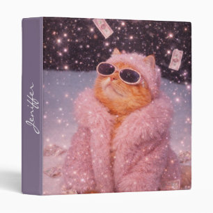 Glam Money Cat in Pink Fur Coat and Sunglasses     Binder