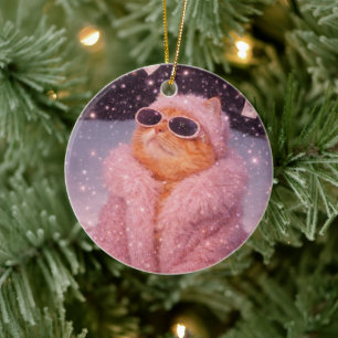 Glam Money Cat in Pink Fur Coat and Sunglasses     Ceramic Ornament
