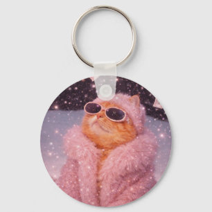 Glam Money Cat in Pink Fur Coat and Sunglasses     Keychain