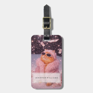 Glam Money Cat in Pink Fur Coat and Sunglasses Luggage Tag