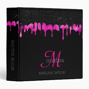Glam Monogram Dripping Glitter Black Hot Pink Binder