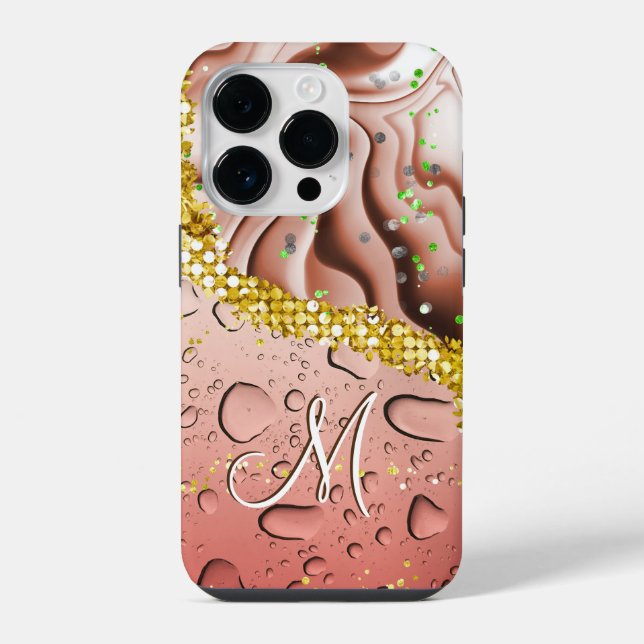 Glam Monogram M Brown Marble Fantasy Rain Droplets iPhone Case (Back)