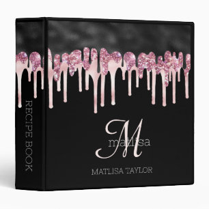 Glam Monogram Name Dripping Glitter Black Pink Binder