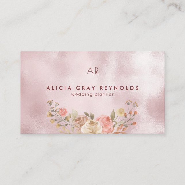 Glam Monogram Rose Gold Floral Wedding Planner Business Card (Front)