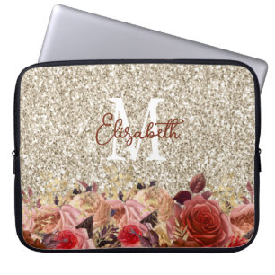 Glam Monogram Rose Gold Flowers Light Gold Glitter Laptop Sleeve