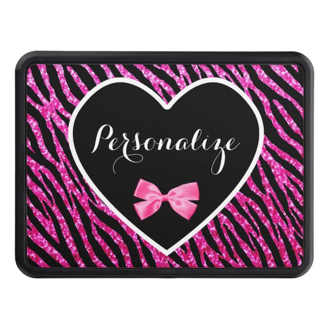 Glam Name Pink Black Zebra Glitter Heart With Bow Trailer Hitch Cover (Front)