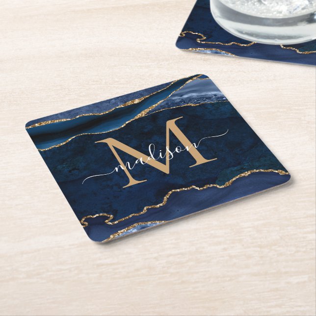 Glam Navy Blue Gold Agate Geode Glitter Monogram Square Paper Coaster (Angled)