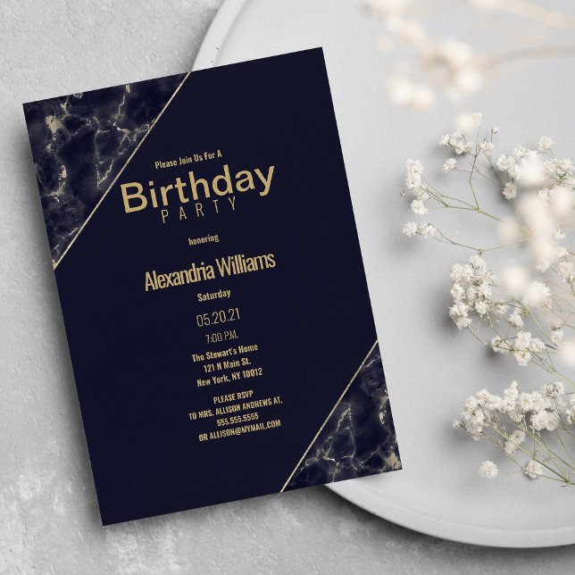 Glam navy blue gold elegant marble Birthday Party  Invitation (Glam navy blue gold elegant marble Birthday Party)