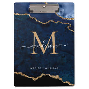 Glam Navy Blue Gold Glitter Agate Geode Monogram Clipboard