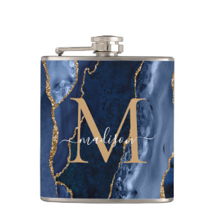 Glam Navy Blue Gold Glitter Agate Geode Monogram Hip Flask