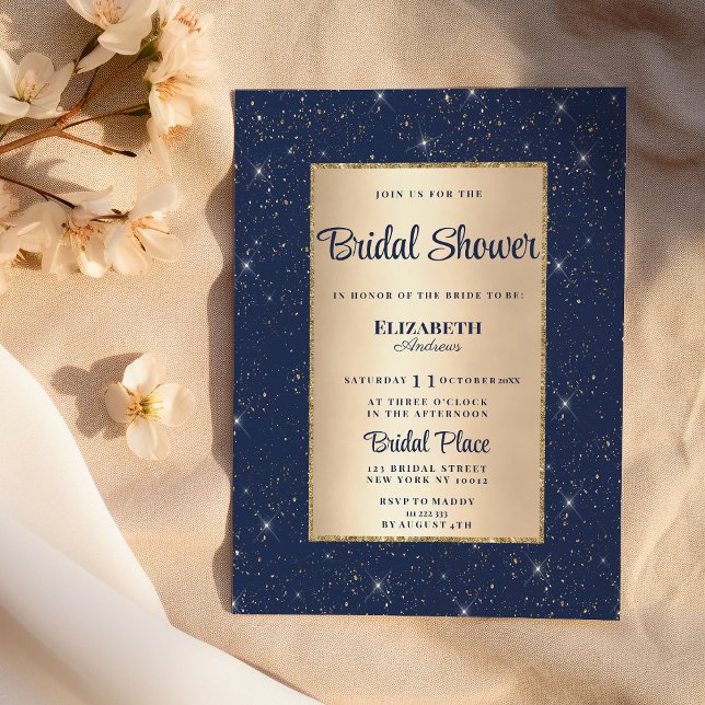 Glam navy blue gold glitter confetti Bridal Shower Invitation (Glam navy blue gold glitter confetti Bridal Shower)