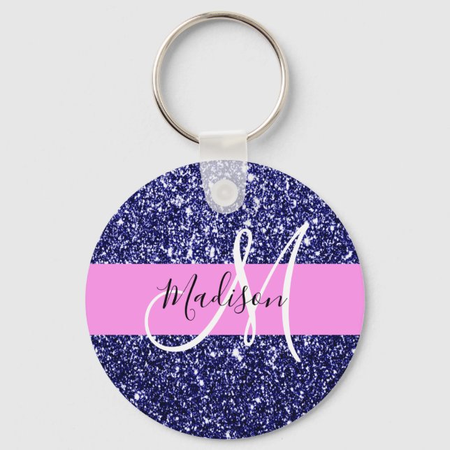 Glam Navy Blue Pink Glitter Sparkles Name Monogram Keychain (Front)
